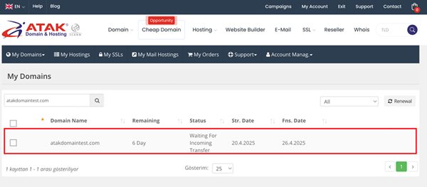 How can I transfer a domain from another provider to my Atak Domain account?