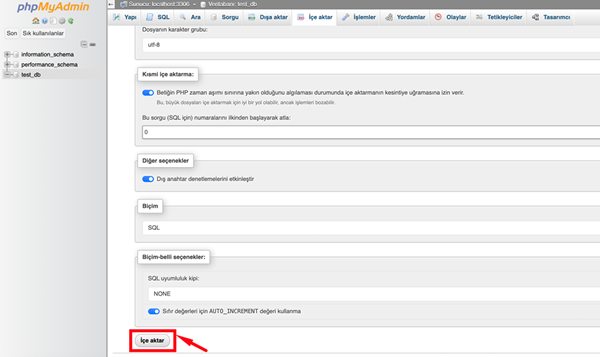 SQL dosyalarını bir MySQL veritabanında i&ccedil;e aktarın