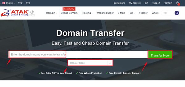How can I transfer a domain from another provider to my Atak Domain account?