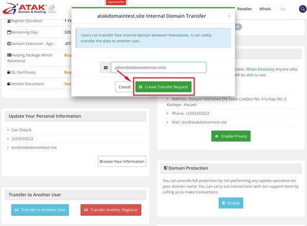 Transferring my domain to another Atakdomain account