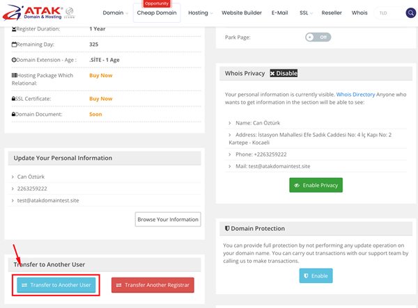 Transferring my domain to another Atakdomain account