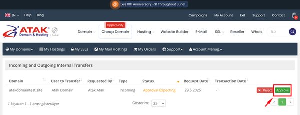 Transferring my domain to another Atakdomain account