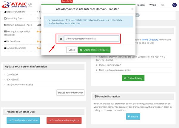 Transferring my domain to another Atakdomain account
