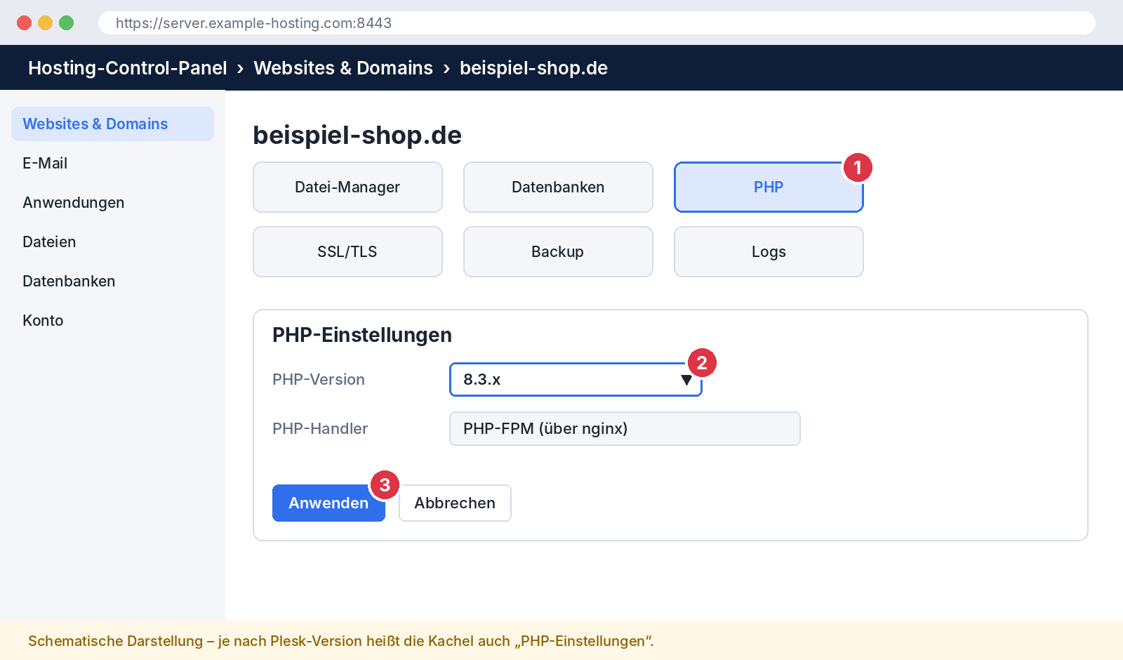 Auswahl der PHP-Version in den Plesk PHP-Einstellungen (schematische Darstellung)