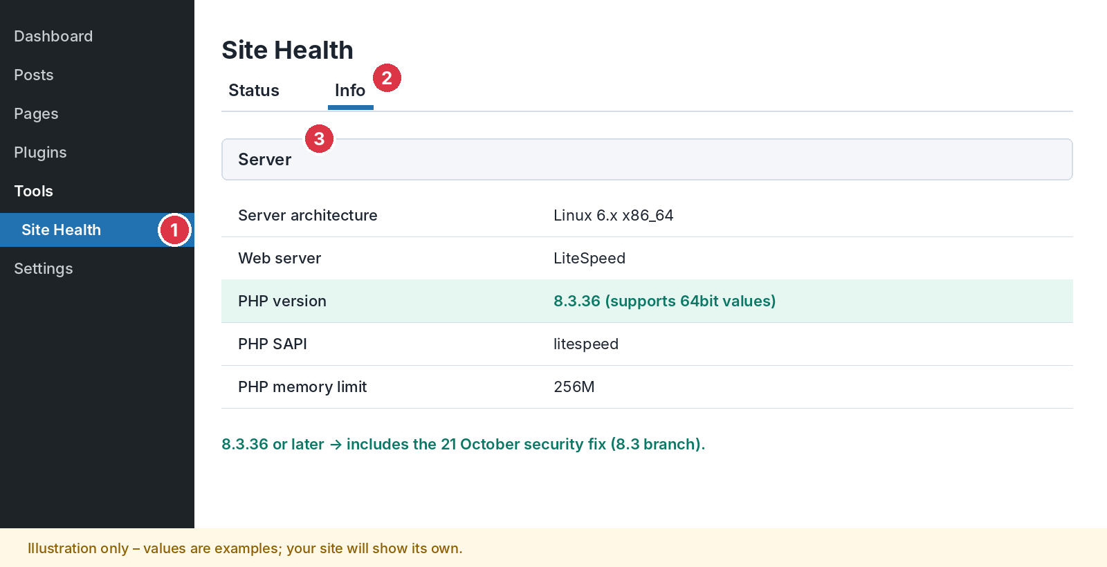 Checking the PHP version in WordPress Site Health (illustration)