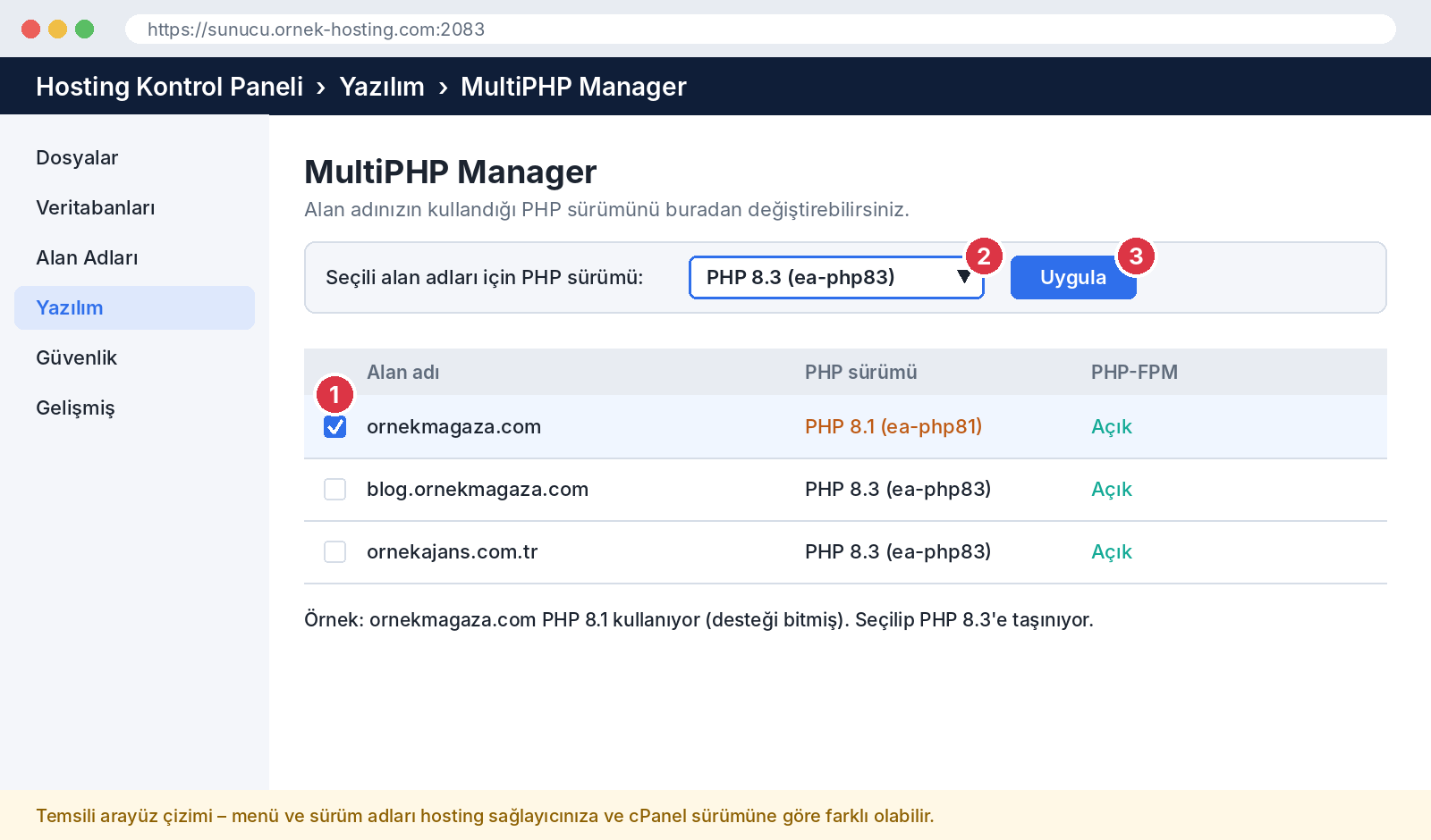 cPanel MultiPHP Manager ile PHP sürümünü değiştirme (temsili çizim)
