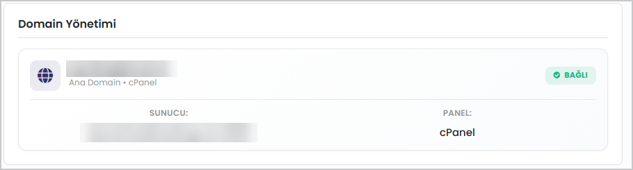 Domain Yönetimi: domain BAĞLI, sunucu ve panel bilgisi (domain ve sunucu gizlenmiştir)