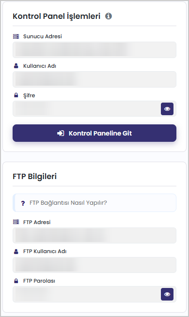 Hosting yönetim ekranı: Kontrol Panel İşlemleri ve FTP Bilgileri (giriş bilgileri gizlenmiştir)