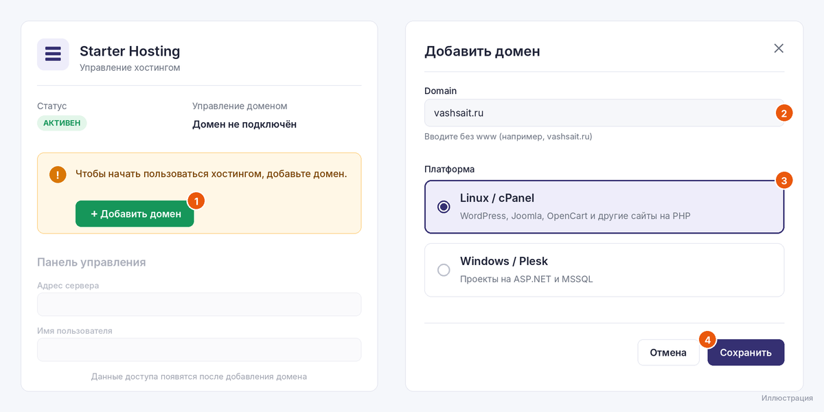 Иллюстрация: 1 «Добавить домен», 2 домен без www, 3 платформа, 4 «Сохранить». Интерфейс может немного отличаться.