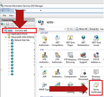 IIS Manager'da sunucu adı seçilip Server Certificates simgesine tıklanması