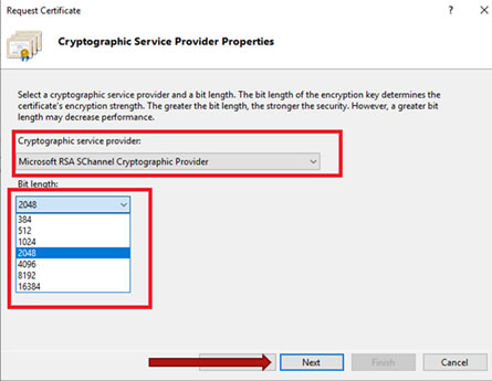 Cryptographic Service Provider Properties penceresinde Microsoft RSA SChannel sağlayıcısı ve 2048 bit uzunluğunun seçilmesi