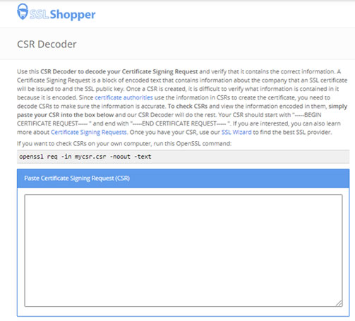 SSLShopper CSR Decoder aracında CSR kodunun yapıştırılacağı kutu