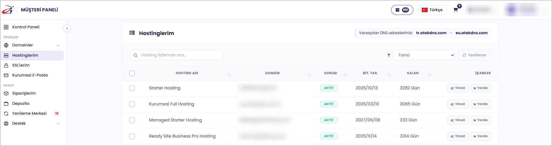 Müşteri Paneli > Hostinglerim: durum, bitiş tarihi, kalan gün, Yönet ve Yenile butonları (domainler gizlenmiştir)