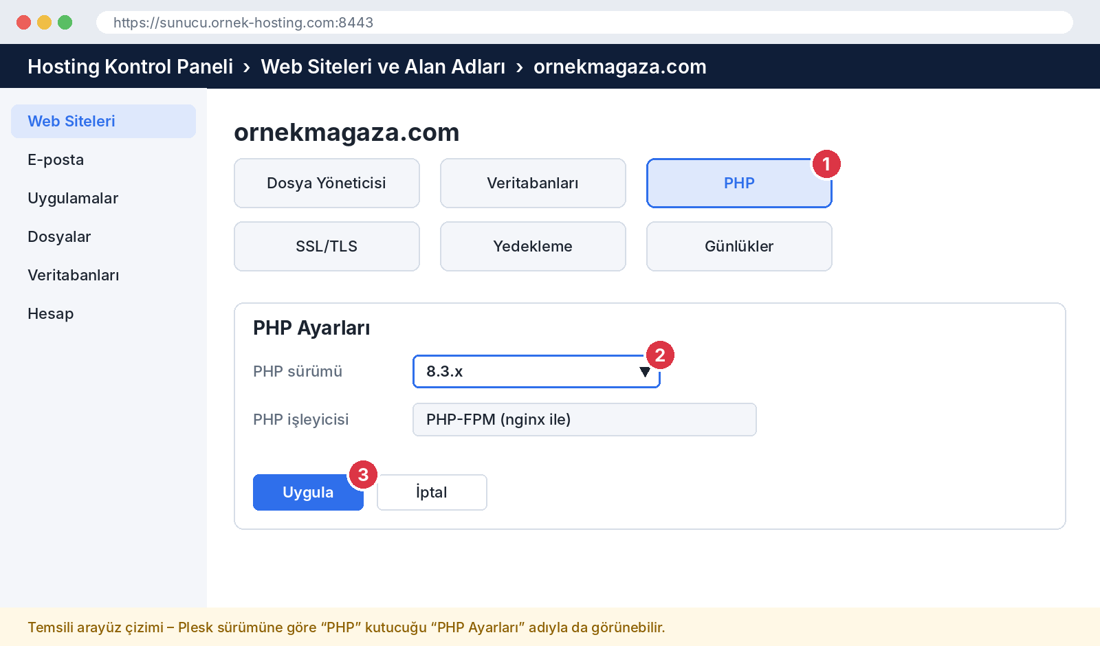 Plesk'te alan adının PHP ayarlarından sürüm seçimi (temsili çizim)