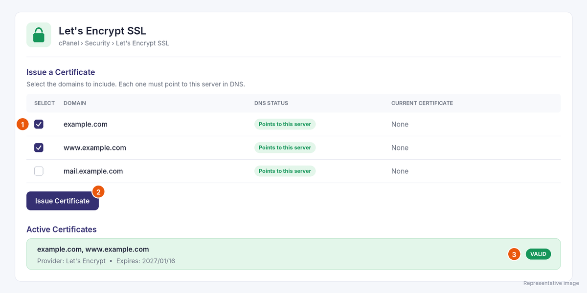 Representative image: 1 select the domain and www, 2 Issue Certificate, 3 check it's valid.