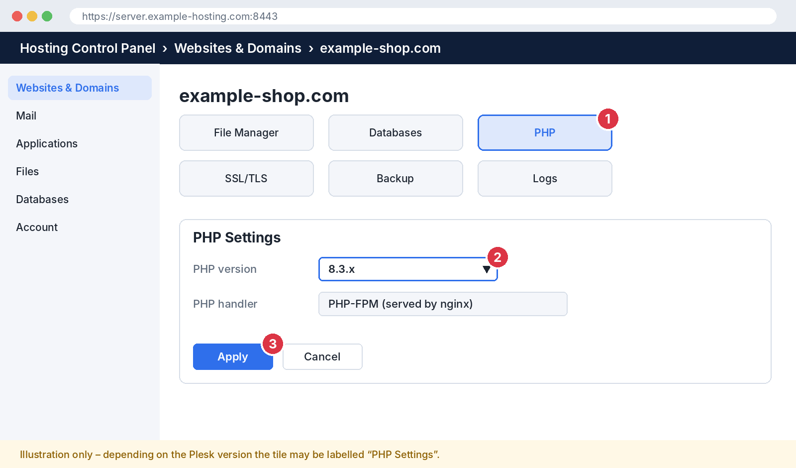 Selecting the PHP version in Plesk's PHP Settings (illustration)