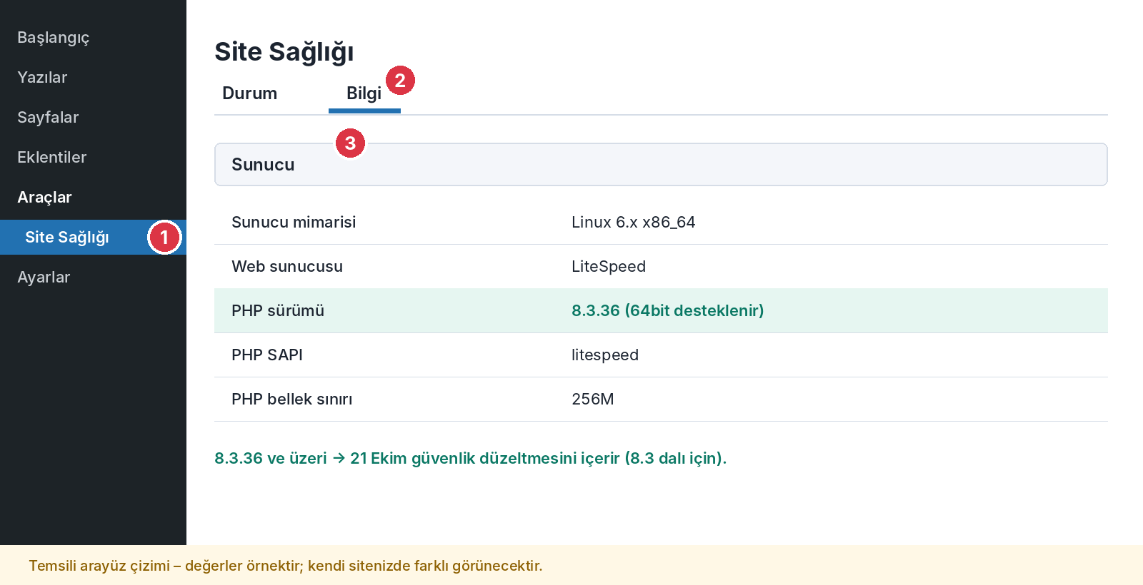 WordPress Site Sağlığı ekranında PHP sürümünün kontrolü (temsili çizim)